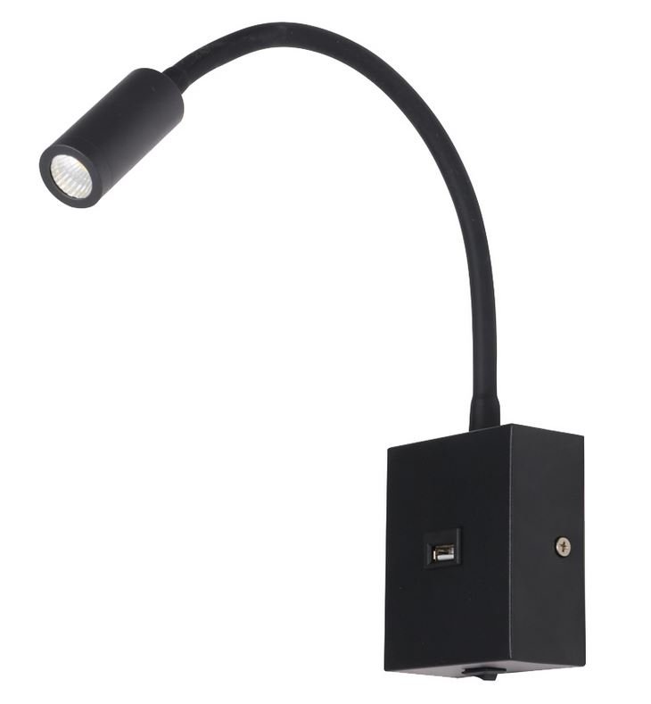 Arandela led 3w 3000k pt ip20 articulada c/ usb 2,1a aine